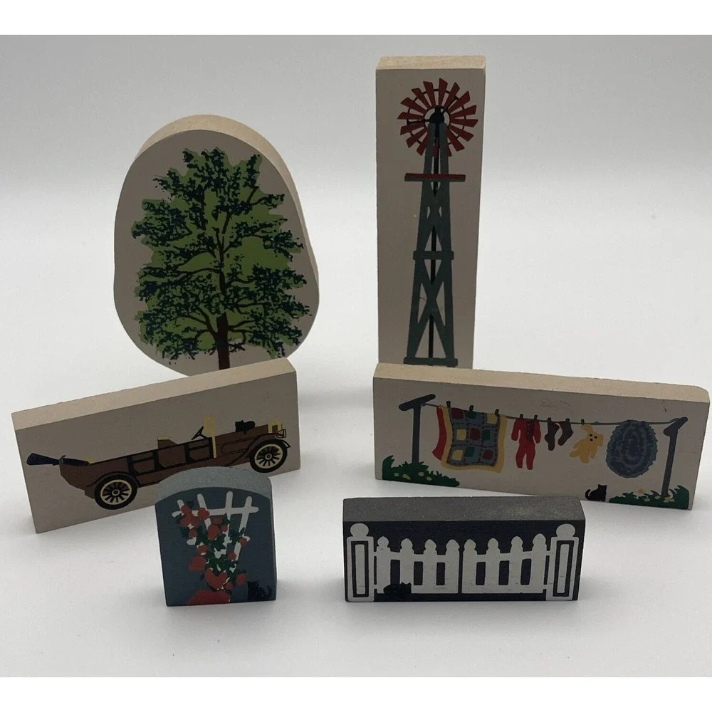 The Cat's Meow Village Accessory Lot Of 6 Car, Fence, Tree, Windmill/Clothesline